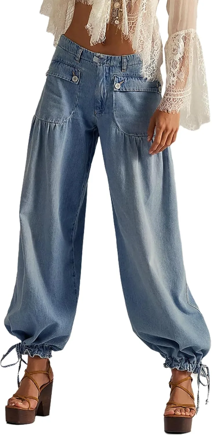 

Женские джинсы-карго с завязками и потертостями YADMISU