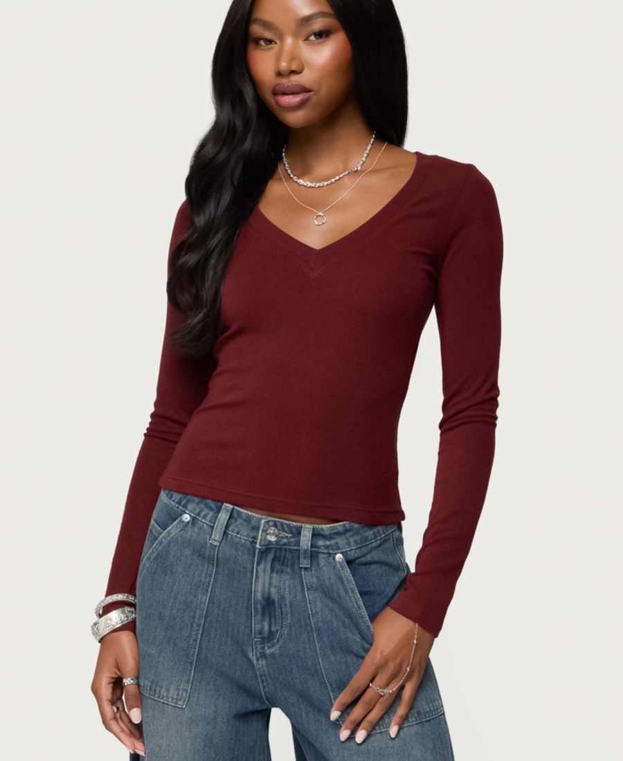 

Женская ребристая футболка Larna с V-образным вырезом Edikted, Burgundy