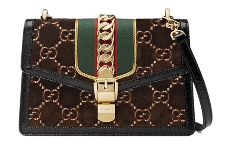 

GUCCI Сумка через плечо Sylvie Velvet с кожей, женская, небольшого размера, коричневого цвета