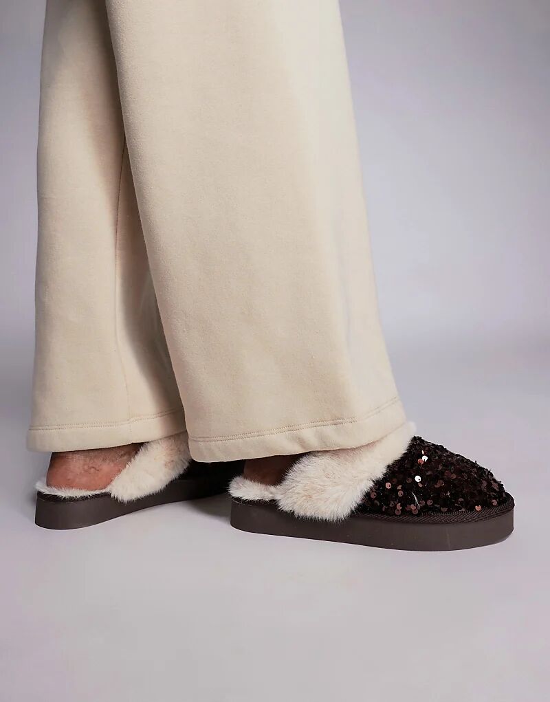 Тапочки River Island с меховой подкладкой из пайеток, темно-коричневого цвета