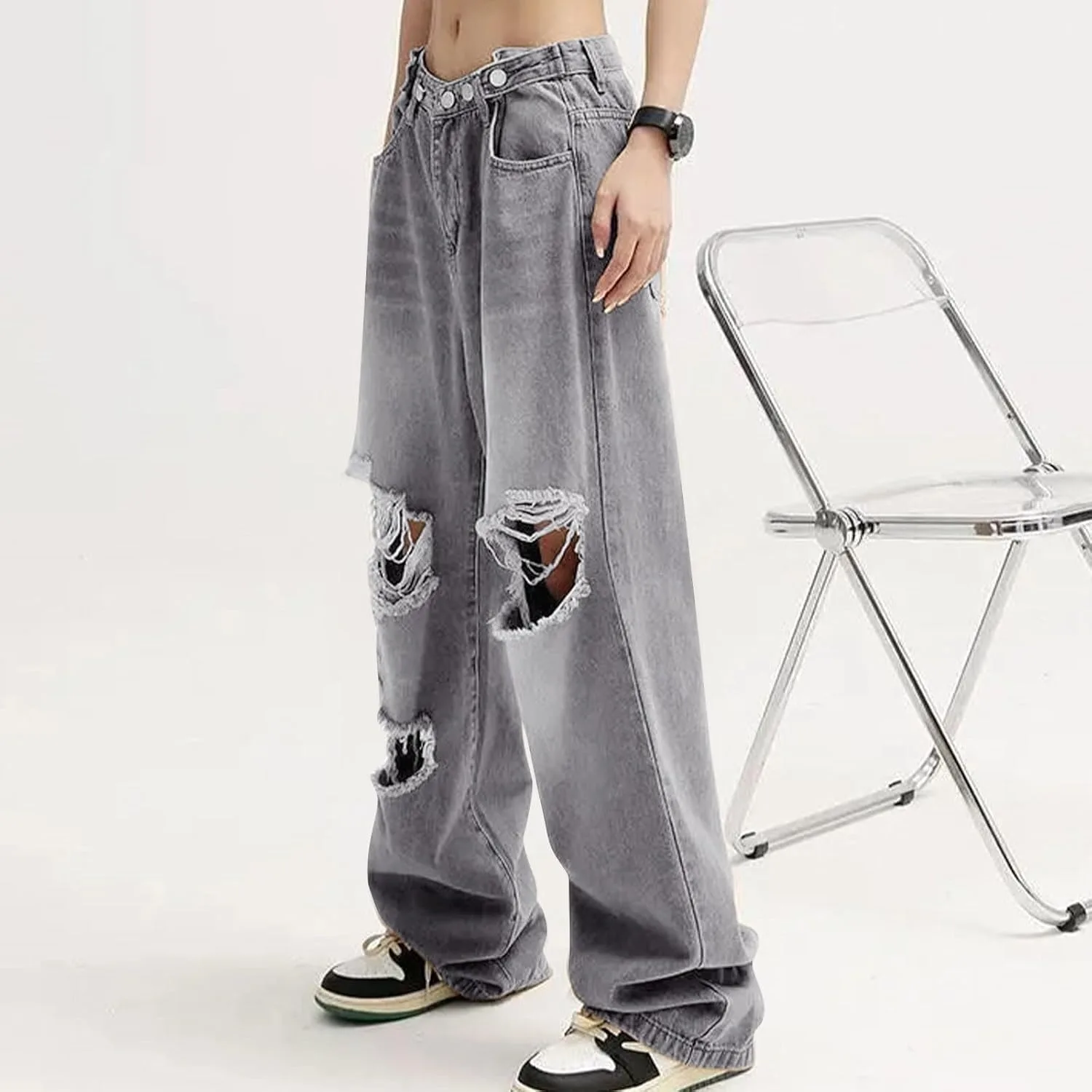 Женские рваные джинсы Baggy Wide Leg Boyfriends в стиле Y2k 90s Vintage Hip Hop — фото 3