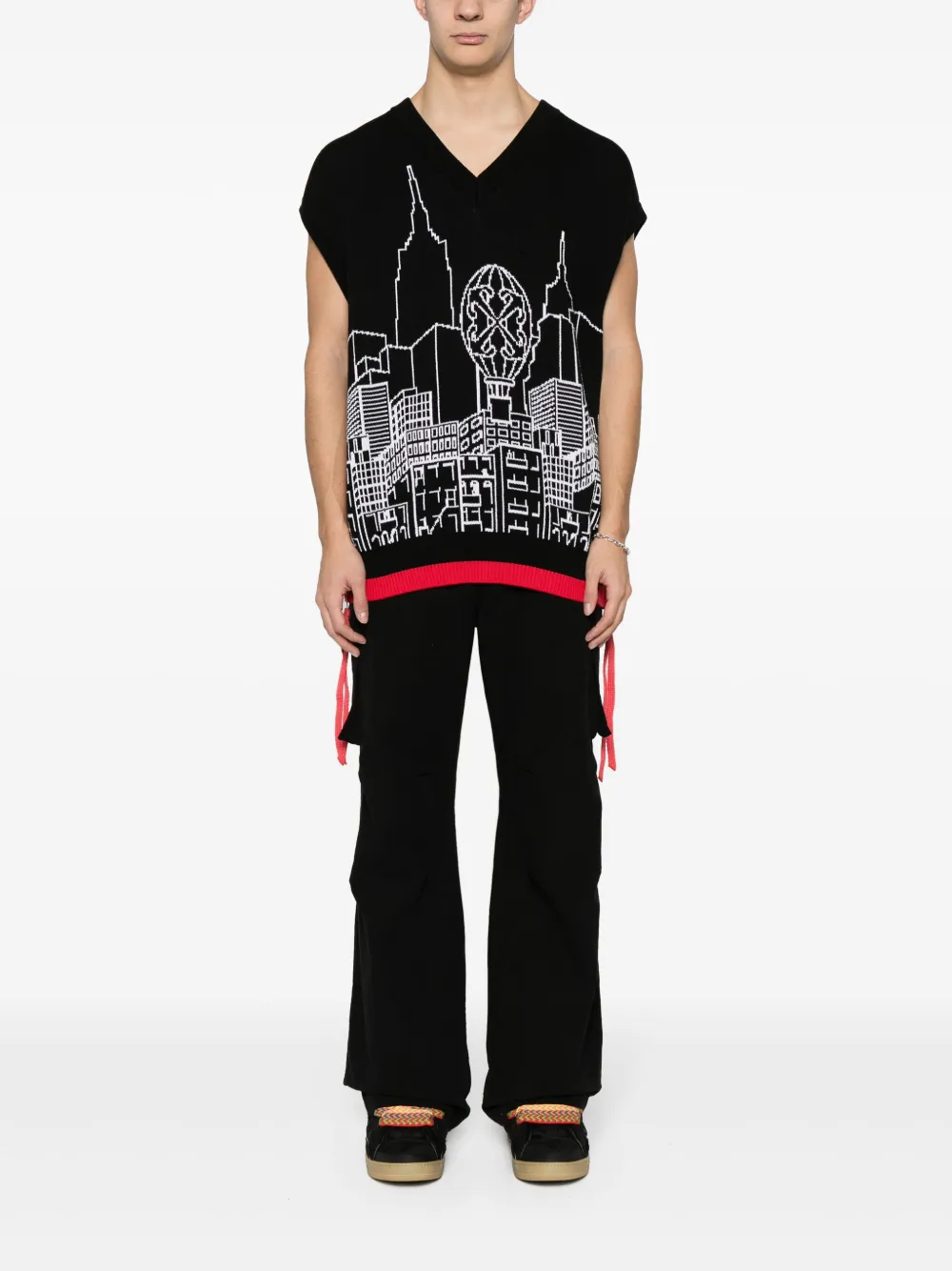 Джемпер вязки интарсия без рукавов OFF-WHITE, черный — фото 2