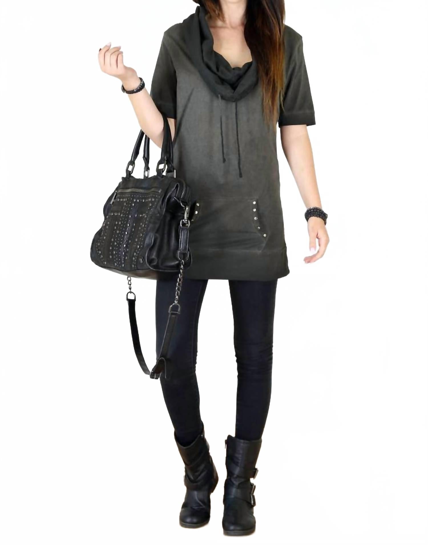 

Хлопковая туника с коротким рукавом и капюшоном в кислотной мойке цвета древесного угля Tough Luv, Charcoal Acid Wash