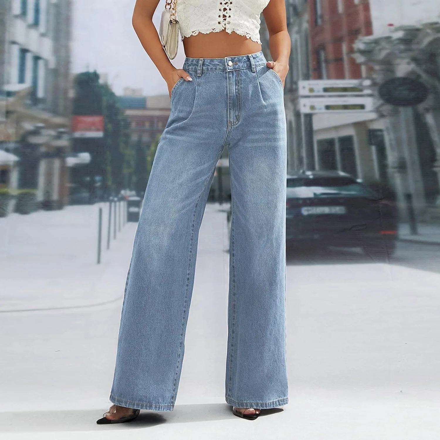 Джинсы с завышенной талией, клеш, Denim, голубой — фото 2