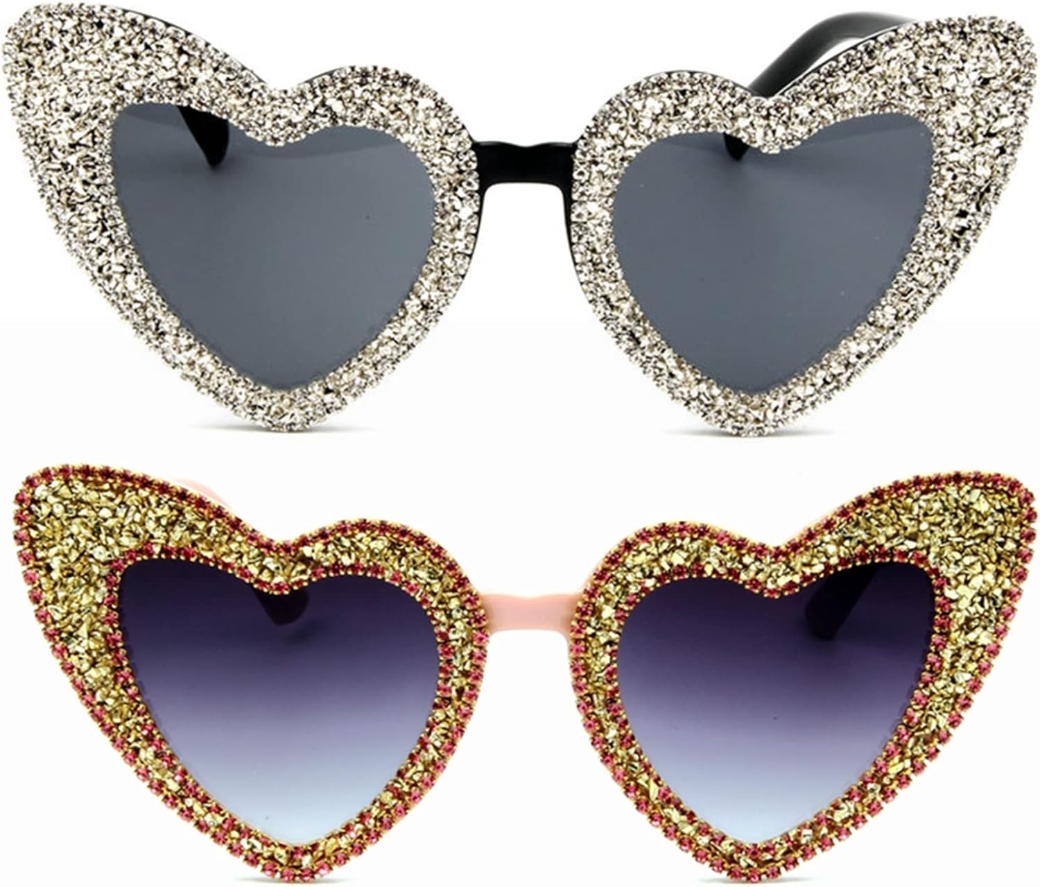 

willochra Милые женские солнцезащитные очки с сердечками, сверкающие, модные, блестящие, с бриллиантами и стразами, черные, в форме кошачьего глаза, 2pcs-black White&pink