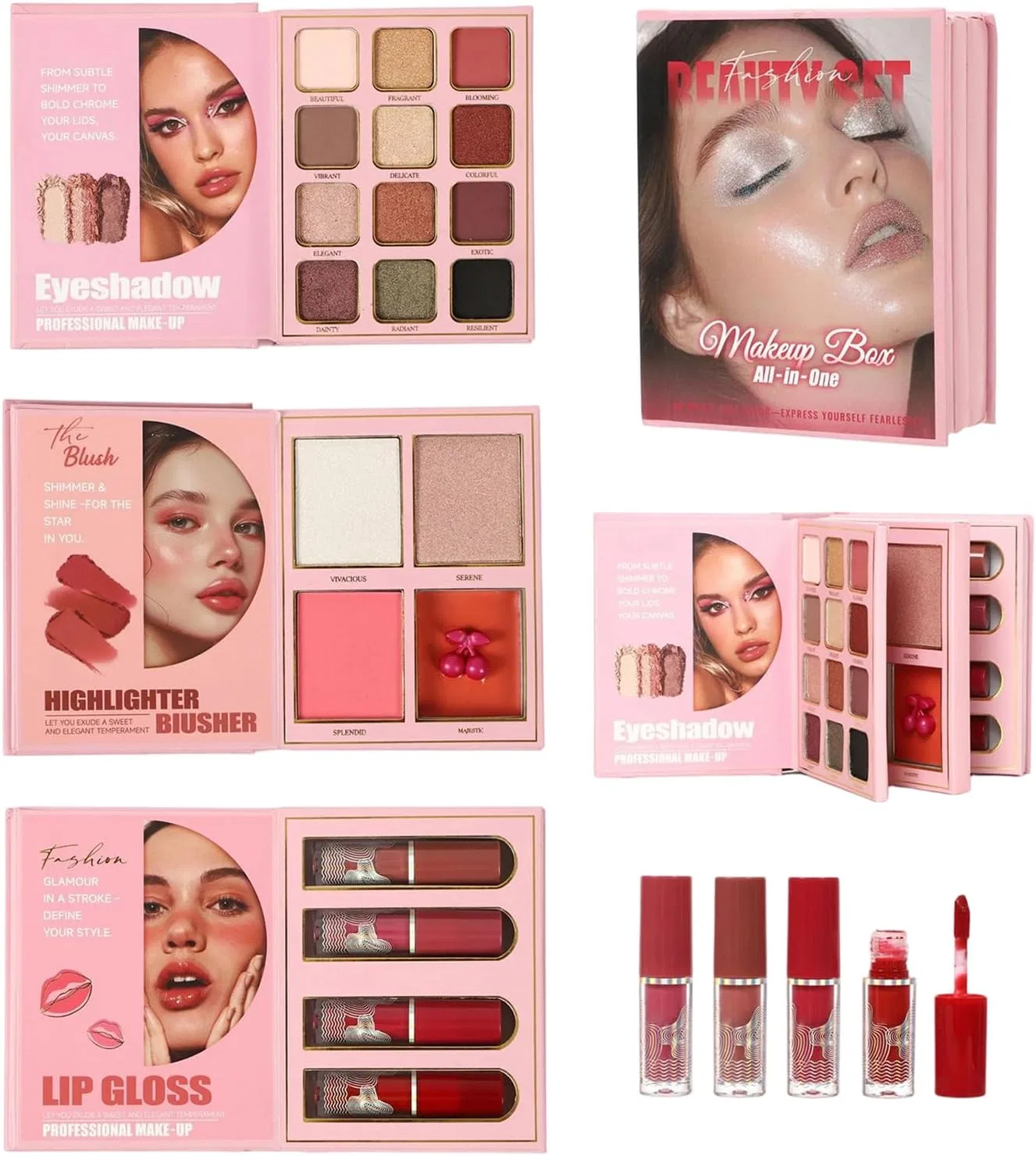 Палетка для макияжа Makeup Book Palette, розовая, 12 теней, 4 хайлайтера и румяна