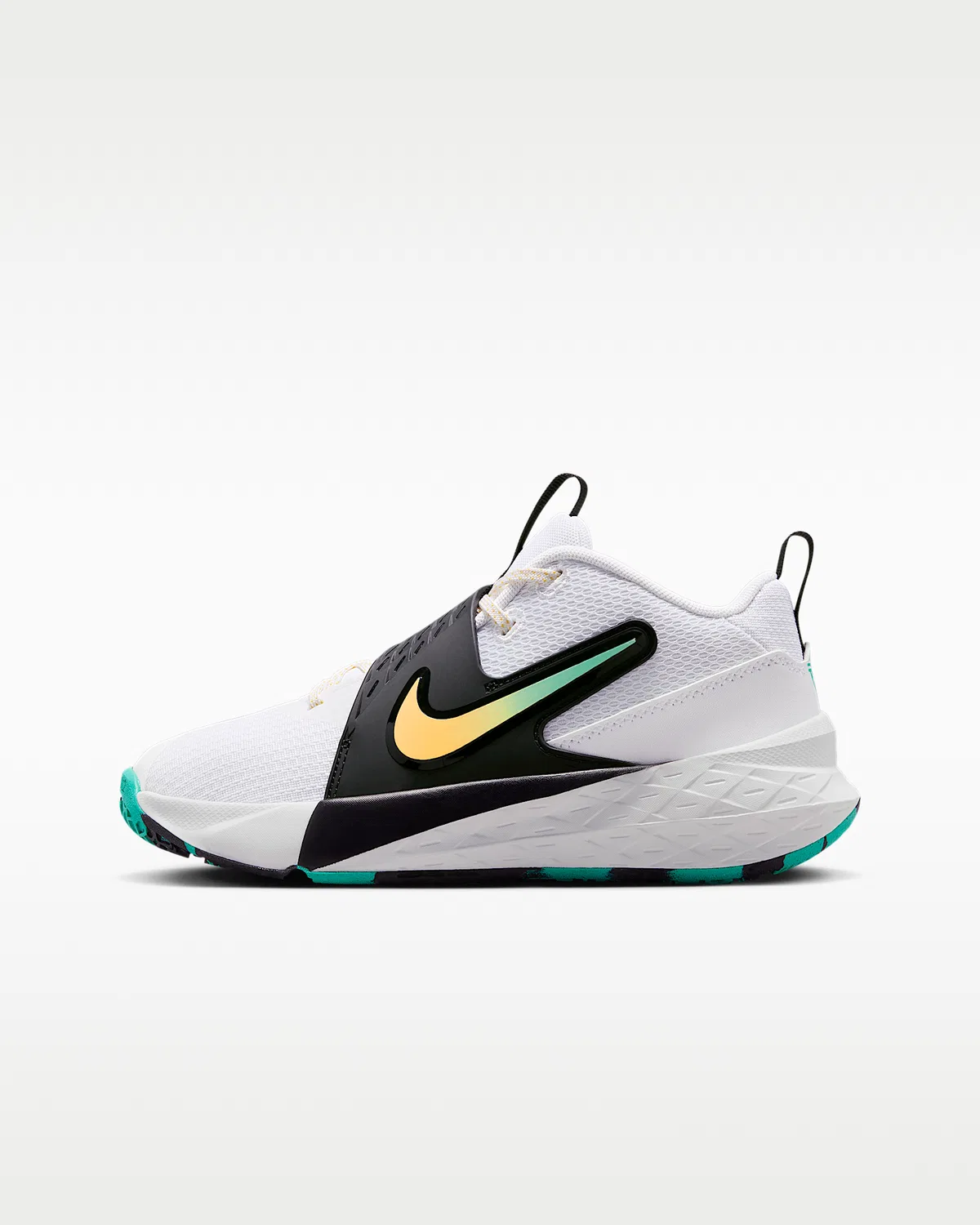 Детские баскетбольные кроссовки Nike Team Hustle D 12, White/Black/Clear Emerald/Topaz Gold
