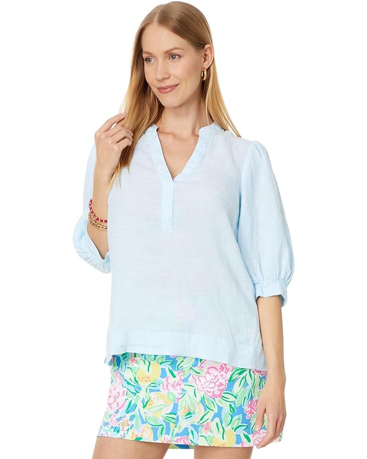 

Топ Lilly Pulitzer Mialeigh Elbow Sleeve Linen, цвет Hydra Blue X Resort White