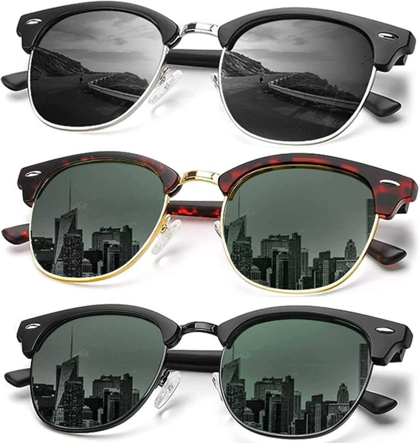 

Солнцезащитные очки KALIYADI для мужчин, поляризованные, унисекс, полуободковая оправа, ретро-стиль, для вождения, с защитой от УФ-излучения, D05-(3 Pack) Tortoise G15/Silver Black/Black G15