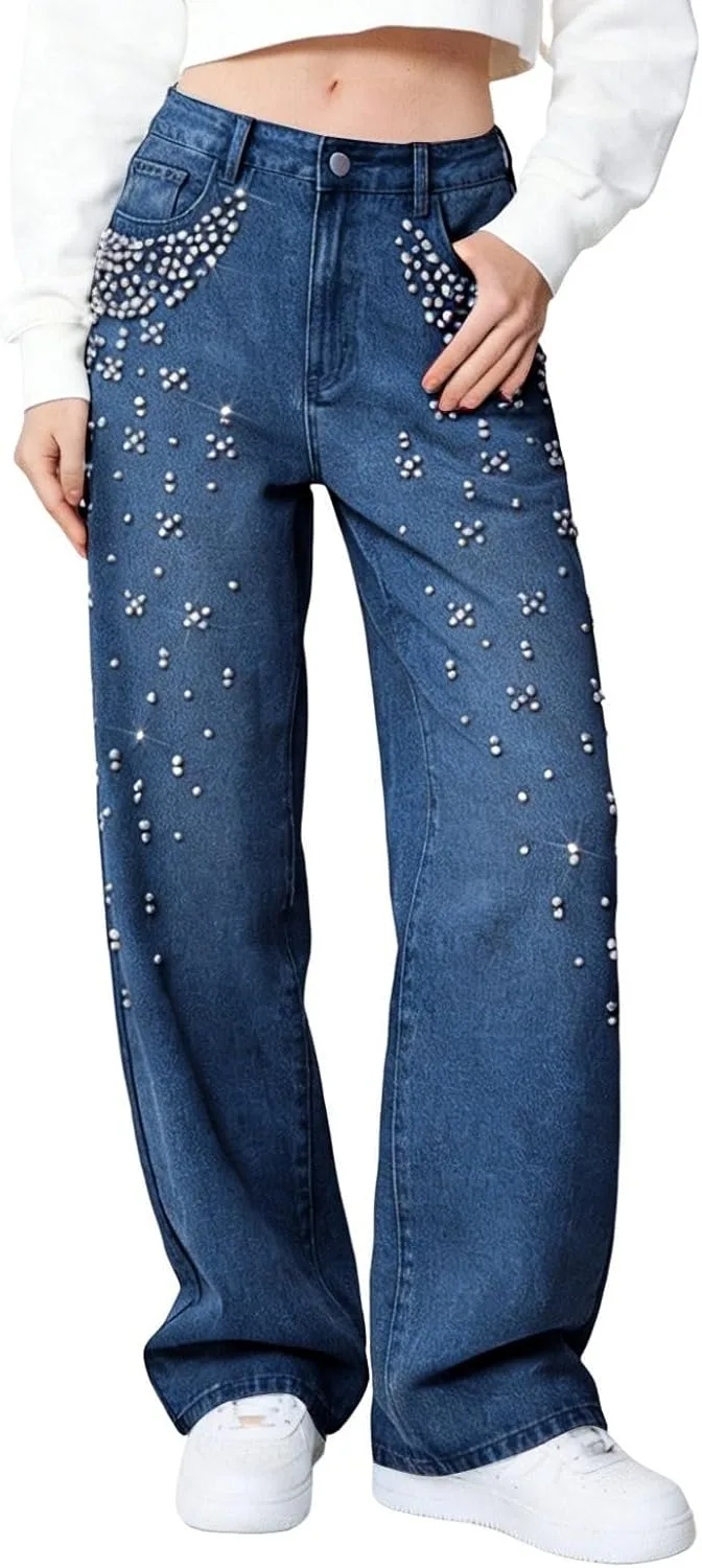 

Джинсы Pearl для женщин прямые высокие с блеском DOPRISIC