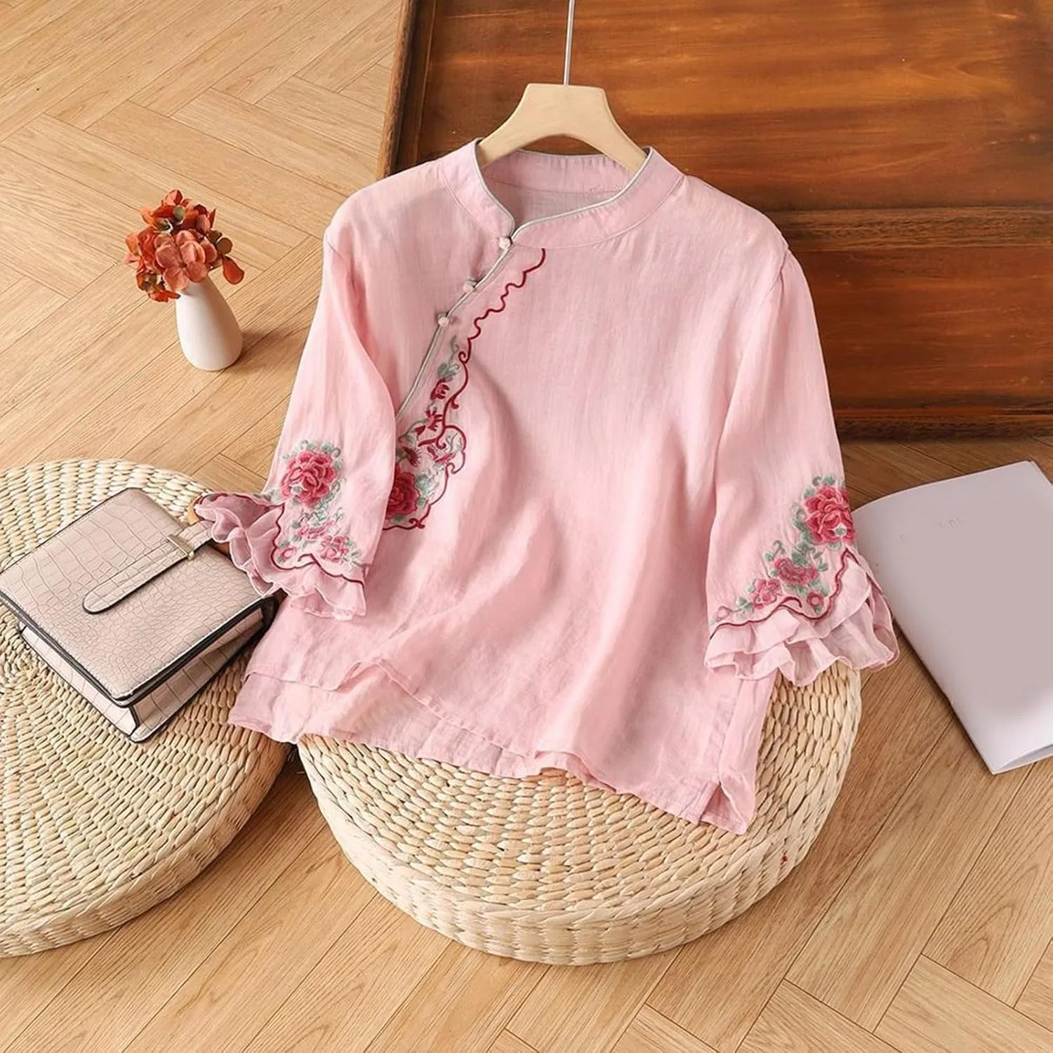 Блуза из хлопка и льна с вышивкой Spring-Summer, розовый — фото 2