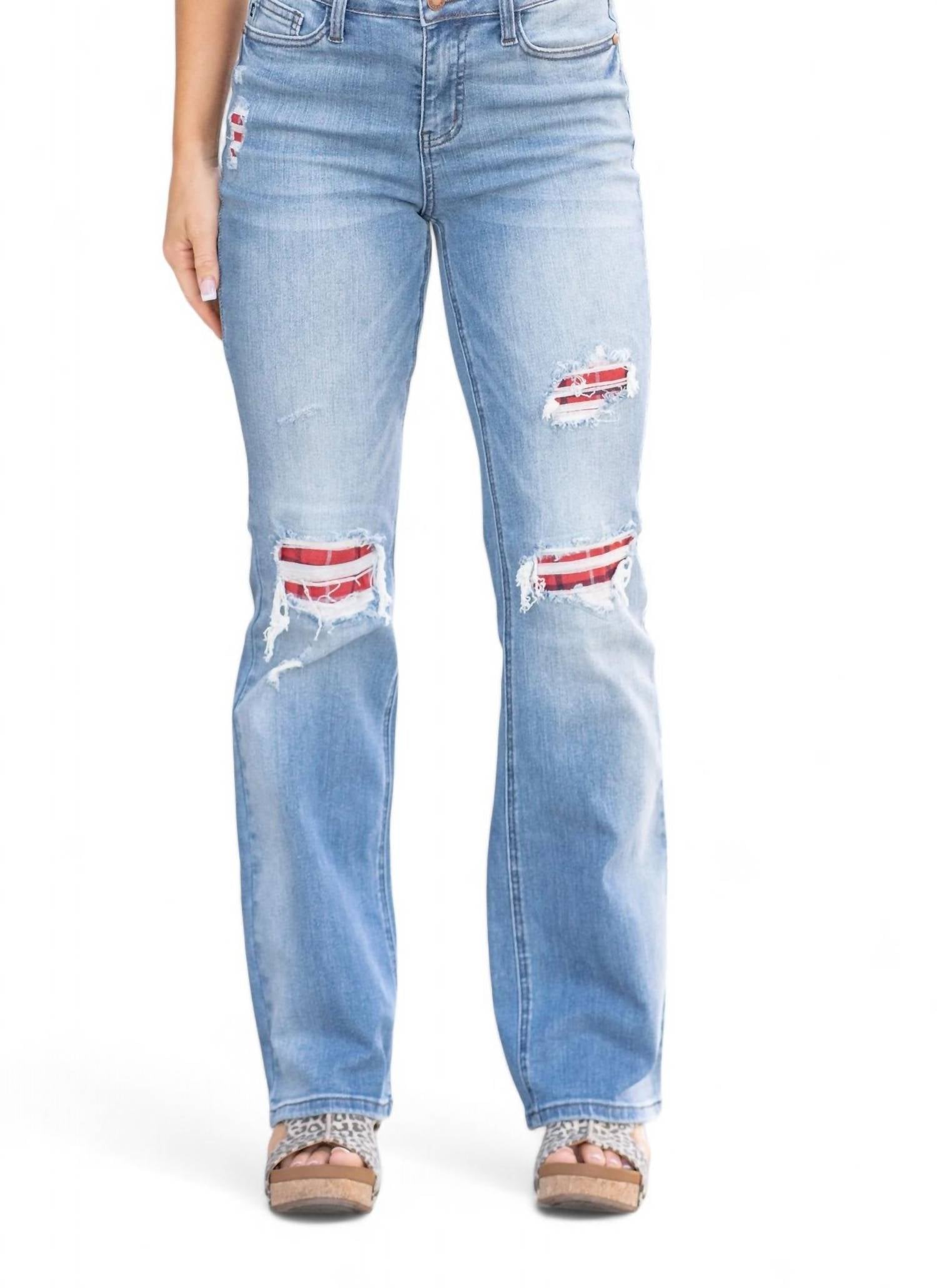 

Джинсы Bootcut с клетчатыми нашивками, средне-синего цвета Judy Blue