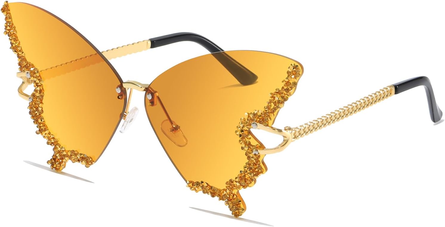 

Солнцезащитные очки YAMEIZE Diamond Butterfly без оправы - модные очки с кристаллами и стразами в форме бабочки, обеспечивающие защиту от УФ-излучения, для женщин и мужчин, для вечеринок, Gradient Yellow