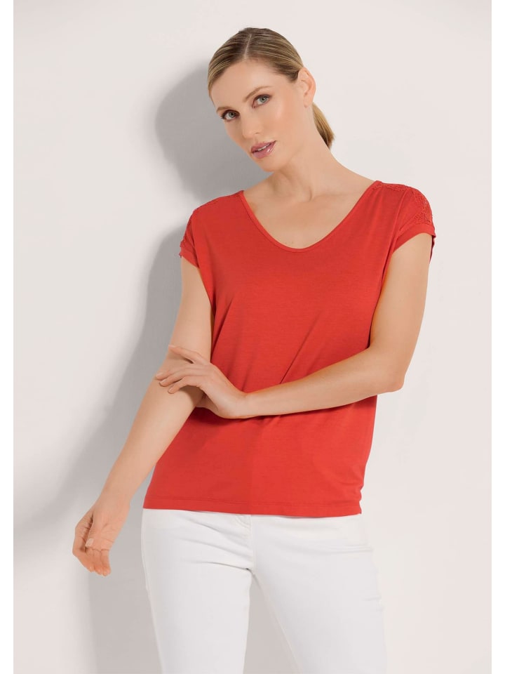 

MADELEINE Футболка с круглым вырезом и вышивкой цвета красного апельсина, Красный, MADELEINE Футболка с круглым вырезом и вышивкой цвета красного апельсина