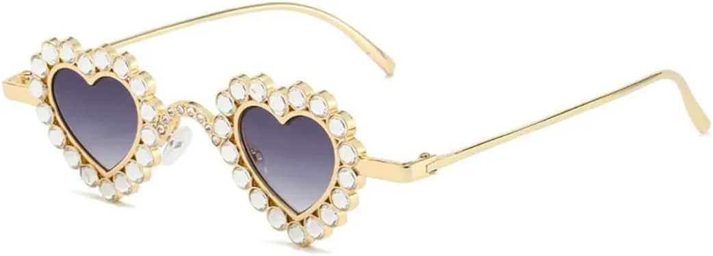 

Солнцезащитные очки для женщин в маленькой оправе с бриллиантами и сердечками, металлическая оправа, градиентная отделка стразами, роскошный дизайн UATXTAU, Gold-gray