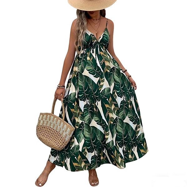 

Платье-макси Plus size с лиственным принтом и завязкой на шее Clearflower, Dark Green Floral
