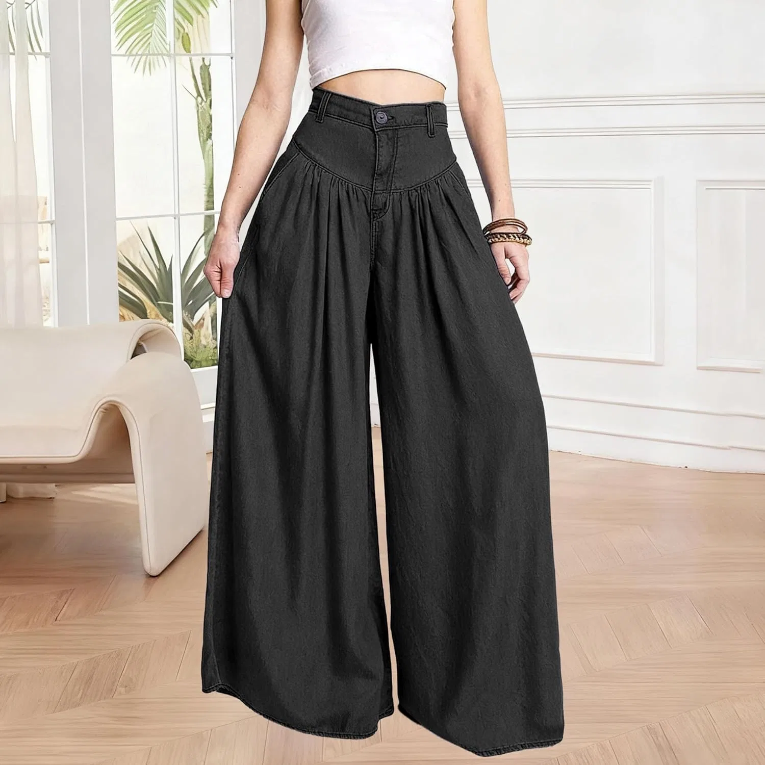Джинсы широкие Womens High Waist Button Jeans Wide Leg Zipper Flared Denim Pants Loose Fit Pocket Casual Jeans, черный — фото 2