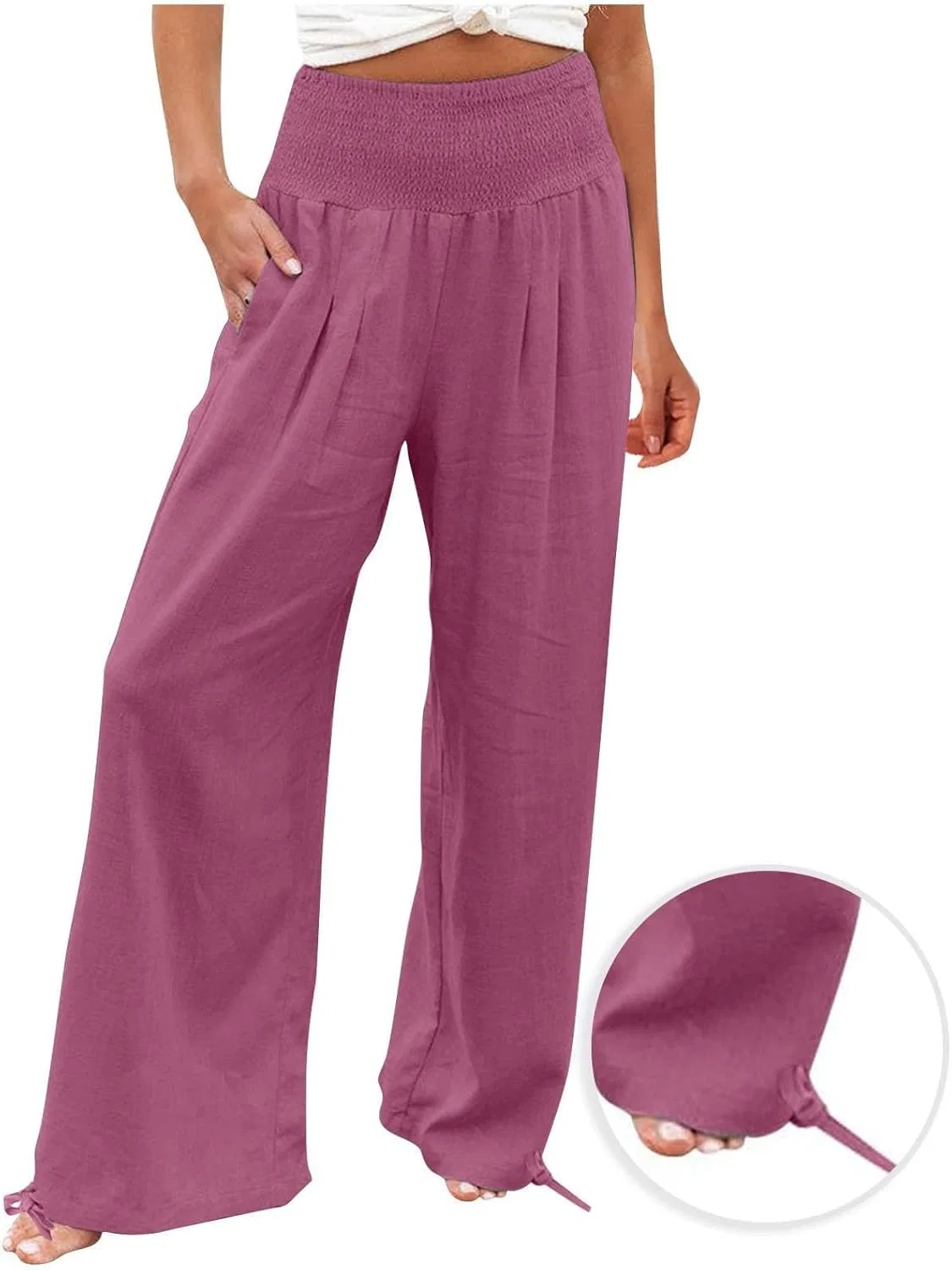 Женские брюки палаццо из льна и хлопка, свободные, с карманами, A01_hot Pink — фото 2