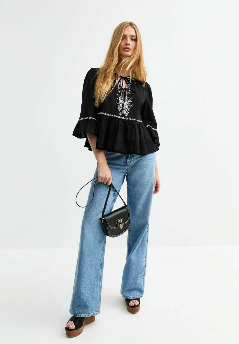 

Блуза FLORAL EMBROIDERED TIE FRONT SMOCK New Look, черный