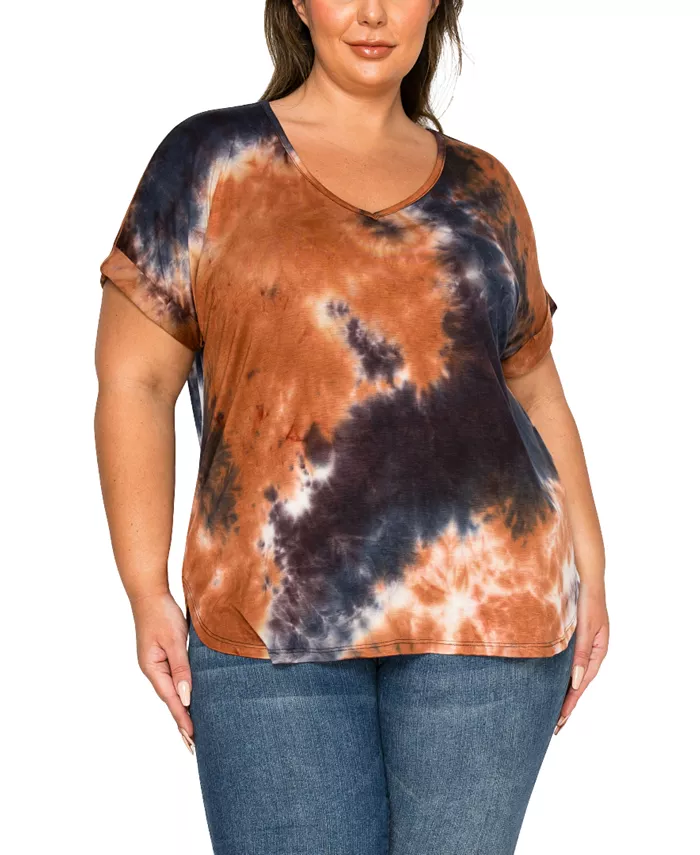 

Футболка с V-образным вырезом и закатанными рукавами в стиле тай-дай Plus Size Dolman COIN 1804, мультиколор
