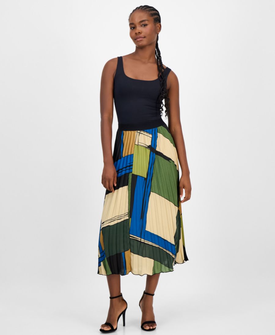 

Женская плиссированная расклешенная юбка миди с принтом T Tahari, Forest Block Print