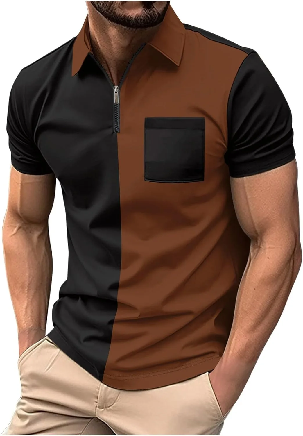 

Мужская классическая поло с коротким рукавом, Slim Fit, с карманом и молнией QUNPIU
