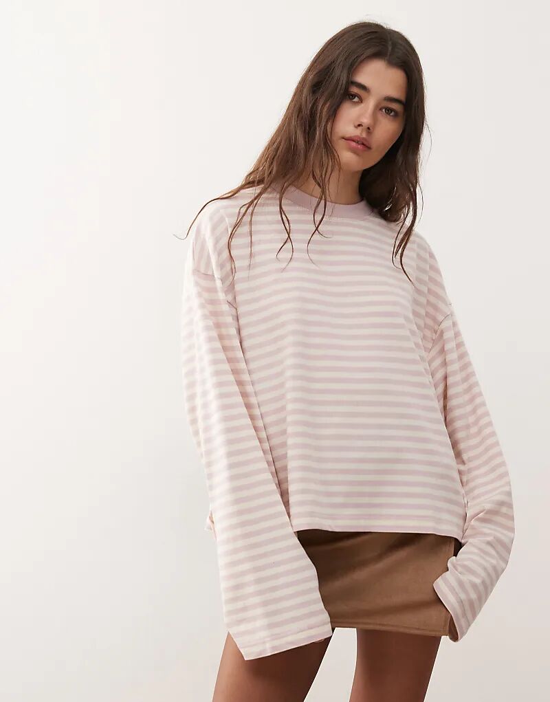 

Лонгслив свободного кроя Lioness Bloom из хлопковой смеси с длинными рукавами и круглым вырезом в полоску нежно-розового цвета