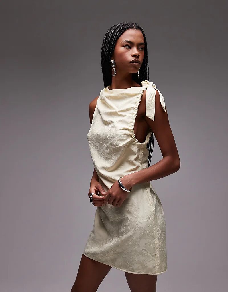 

Мини-платье Topshop с завязками на плечах из жаккарда цвета пахты