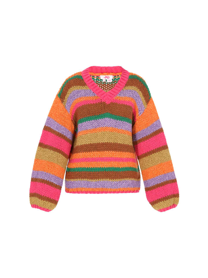 

Женский свитер розового цвета с разноцветными вставками myMo