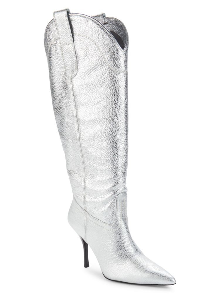 Ковбойские сапоги до колена Outwest 100 на шпильке Stuart Weitzman, серебро — фото 2