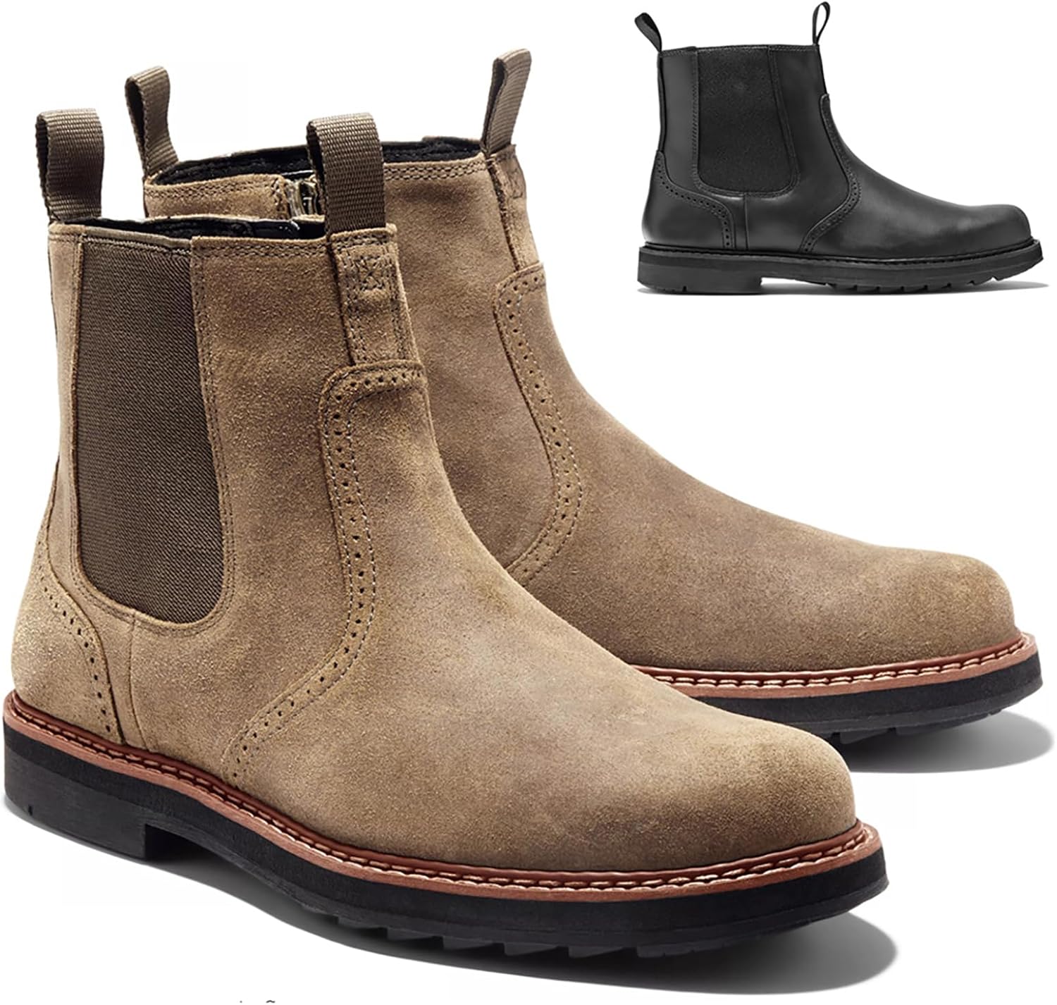 

Мужские кожаные челси с боковой молнией, удобным массивным каблуком, ручной строчкой, ботинки типа чукка для повседневной носки, вождения и офисного стиля Nhbeoen, коричневый