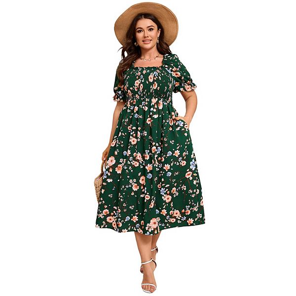 

Платье Plus size с квадратным вырезом и коротким рукавом-фонариком в цветочный принт Seoria, Dark Green