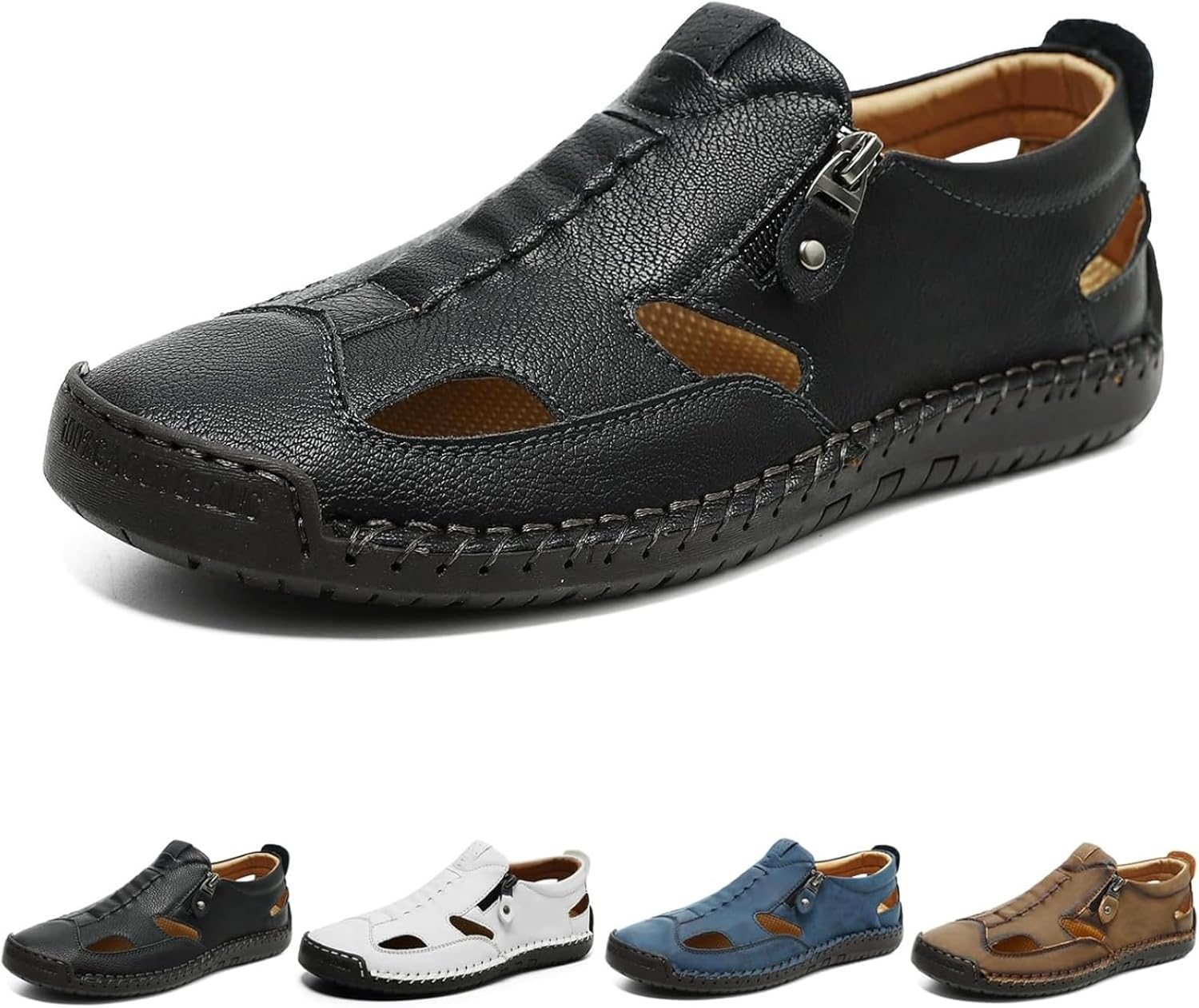 

Мужские закрытые кожаные сандалии-рыбаки, противоскользящие для походов на открытом воздухе, удобные мокасины, летние с боковой молнией для вождения и прогулок Noworfewer, черный