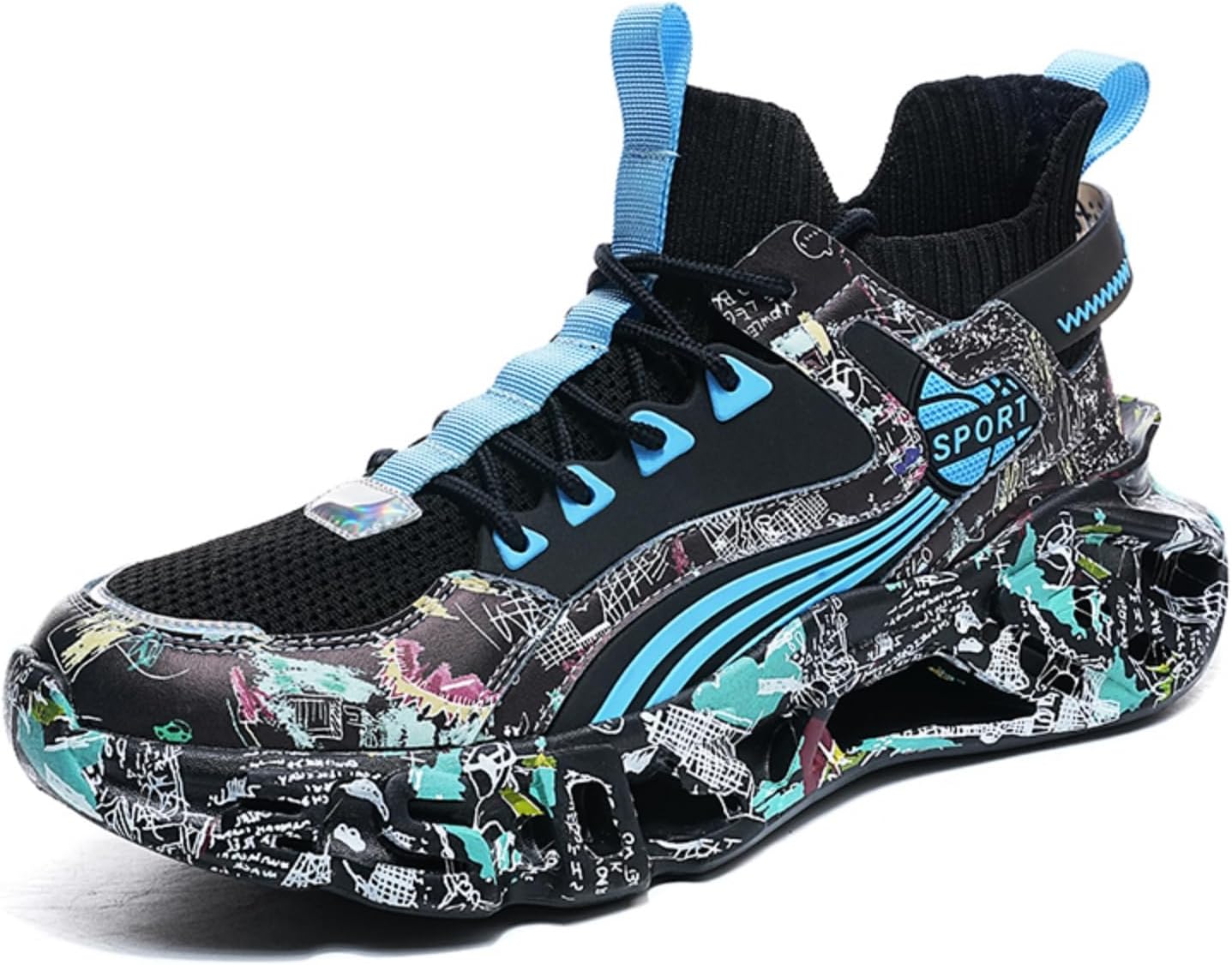 

Мужские ультралегкие баскетбольные кроссовки с амортизацией, молодежные спортивные кроссовки с модным граффити-дизайном, подходят для бега, прогулок, школы и повседневных поездок Kpdwfms, синий