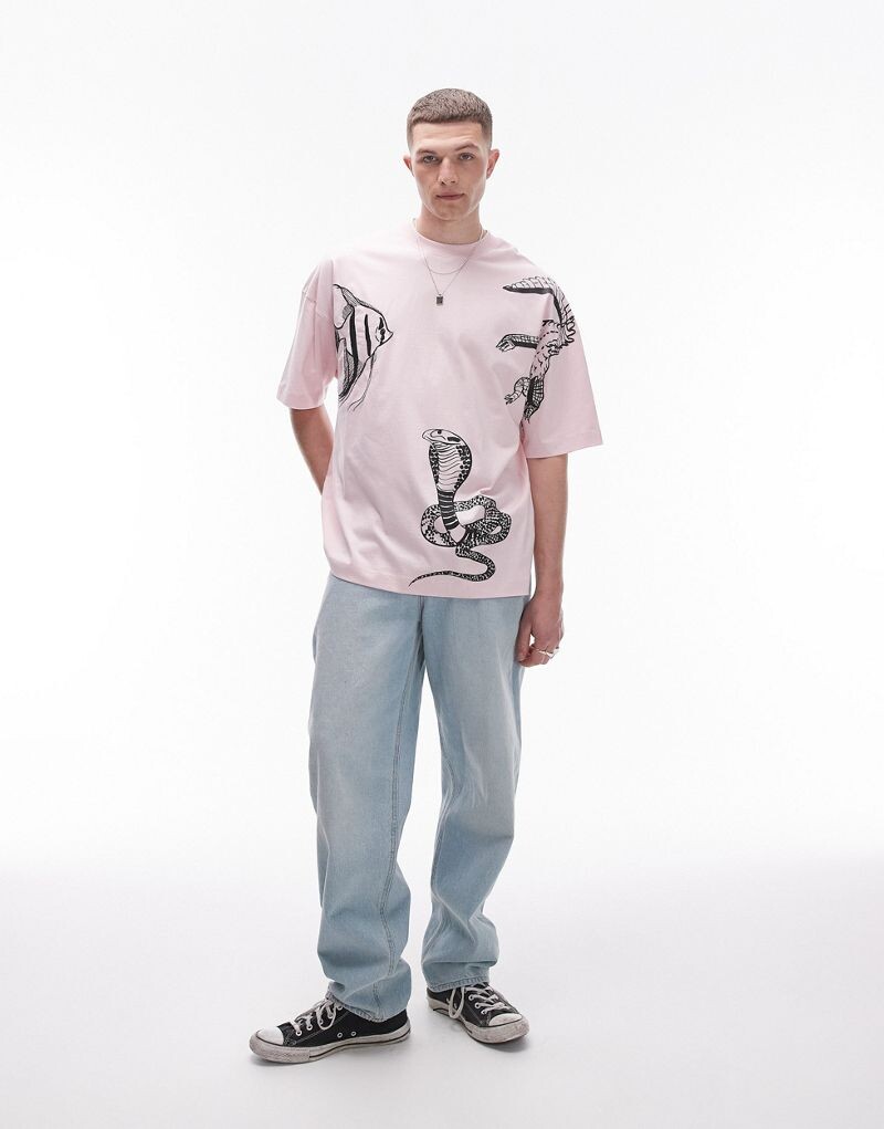 

Розовая футболка оверсайз с вышивкой животных Topman