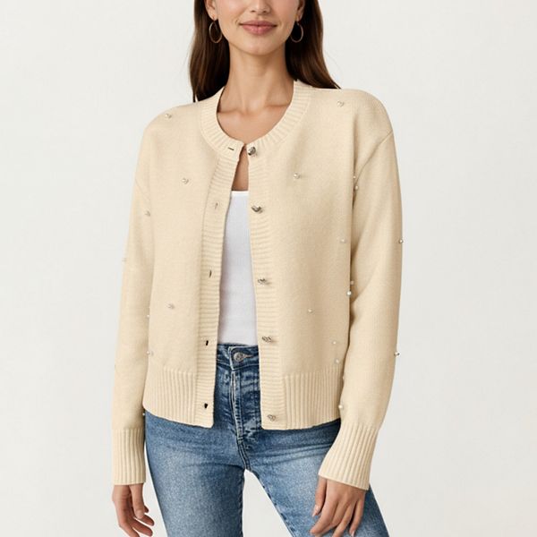 

Женский кардиган с длинным рукавом, декорированный искусственным жемчугом и застежкой на пуговицы Anna-Kaci