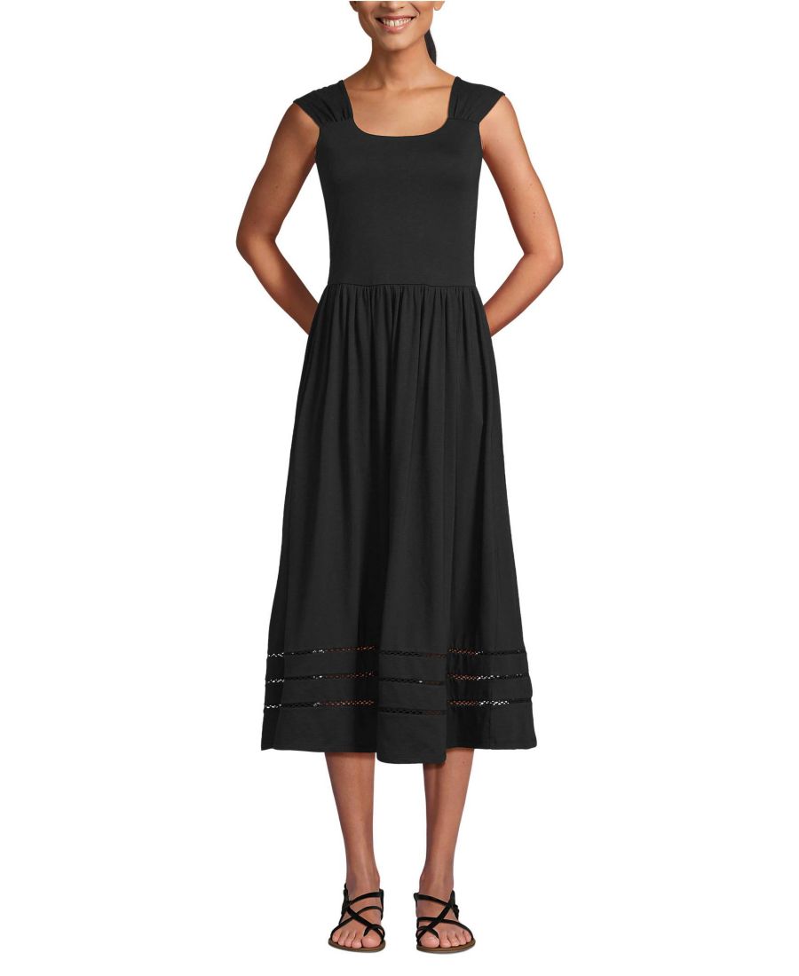 

Женское платье-миди с юбкой-крылышком и присборенной отделкой из фактурной ткани Lands' End, Black