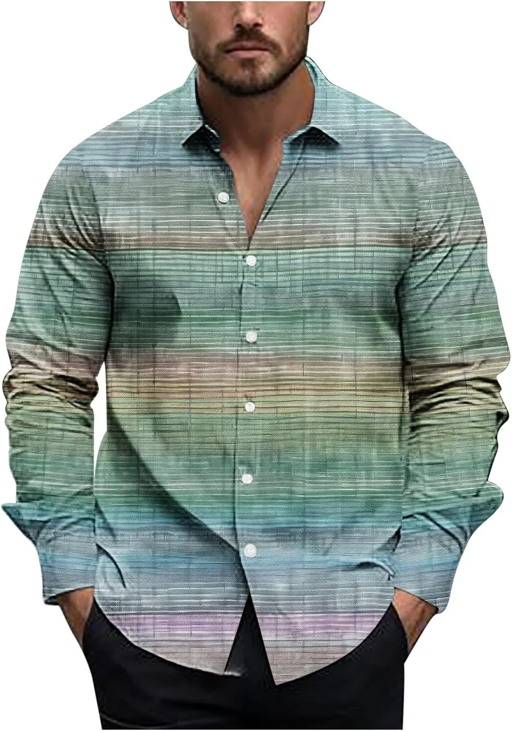 

Мужская рубашка с цветными блоками и полосками, длинный рукав, лацканы, свободный крой