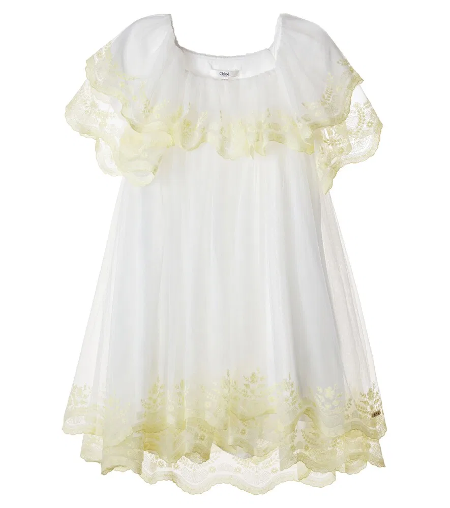 Платье из вышитого тюля Chloé Kids, белый