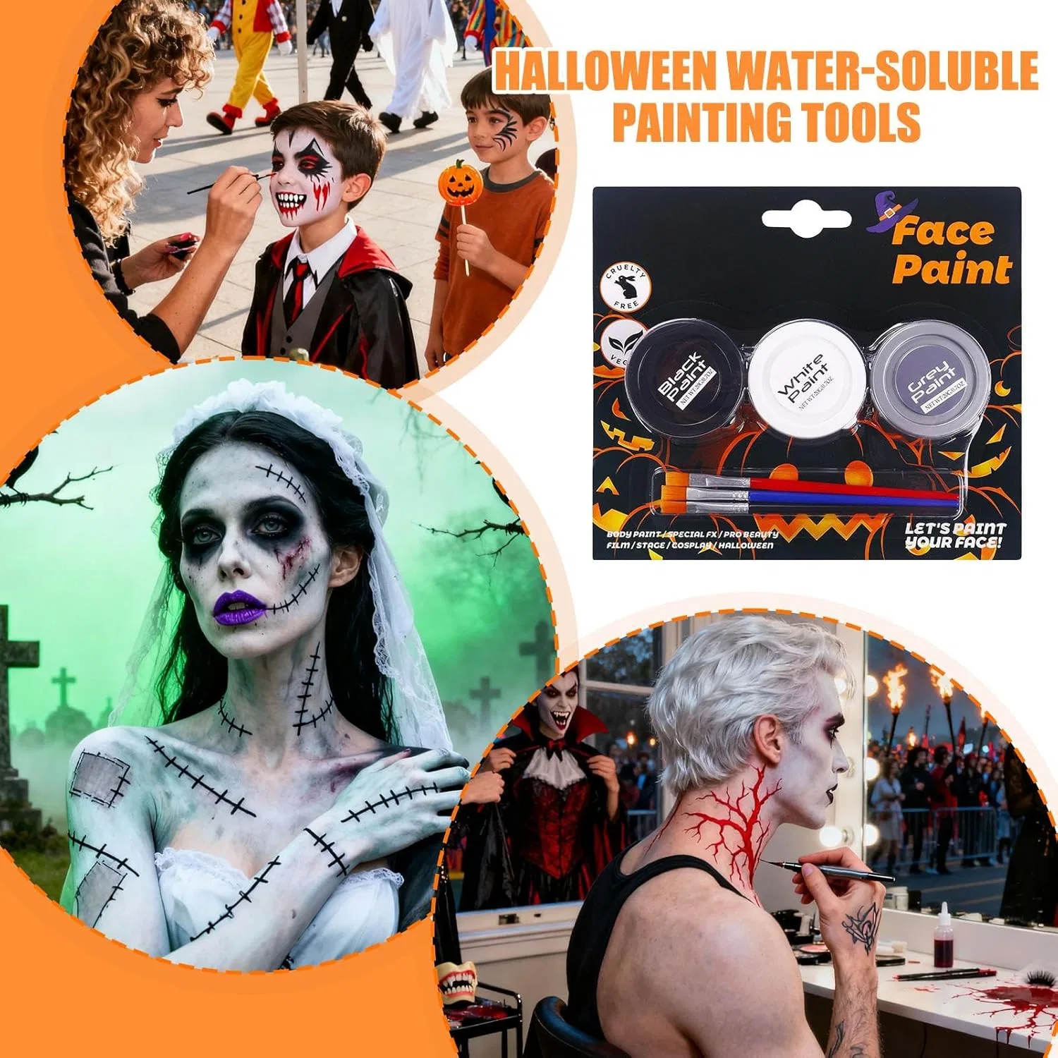 Водорастворимый набор для боди-арта, 3 цвета, черный и белый с серебром — фото 4