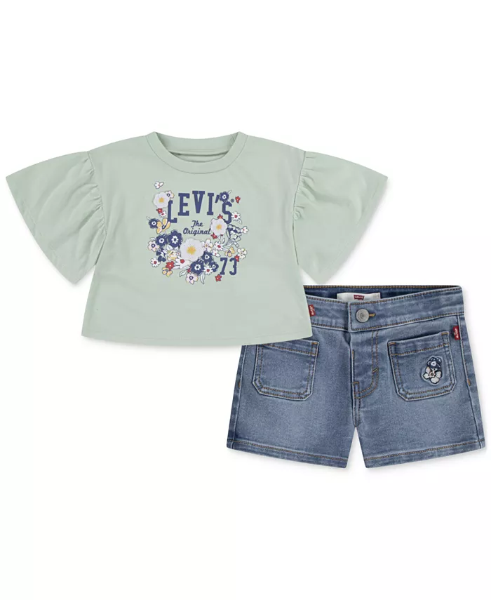 

Комплект из топа с расклешенными рукавами и джинсовых шорт Levi’s для девочек (2 предмета) Levi's, синий
