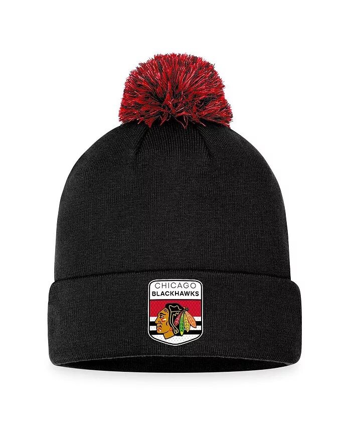

Мужская черная шапка Chicago Blackhawks драфта НХЛ 2023 с манжетами и помпоном Fanatics