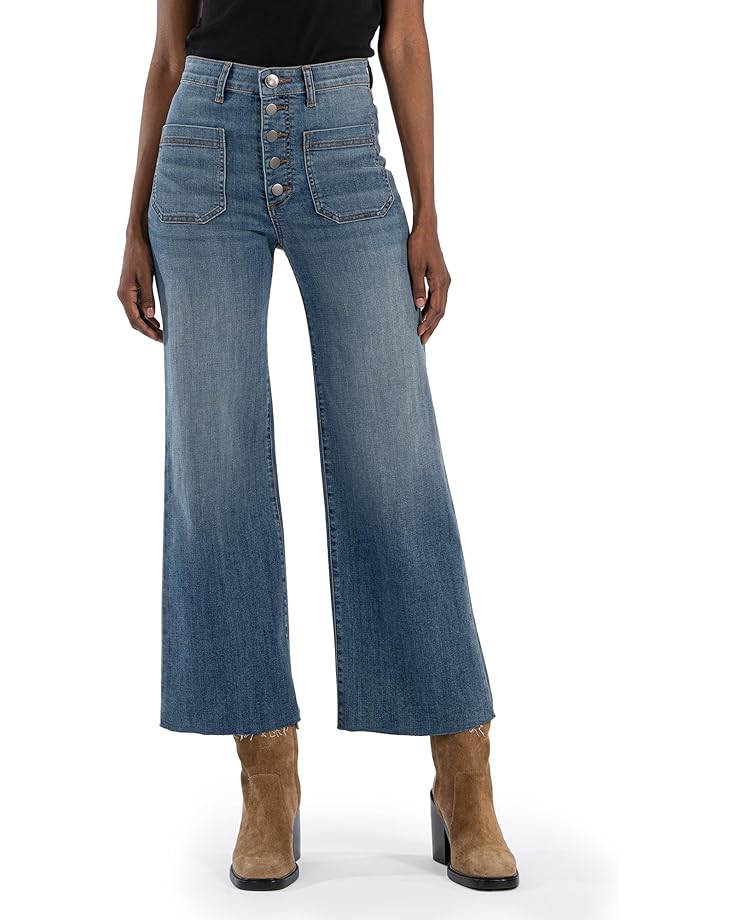 

Джинсы KUT from the Kloth Petite Meg High-Rise Wide Leg Exposed Button Raw Hem Patch Pockets in Prevent, цвет Prevent