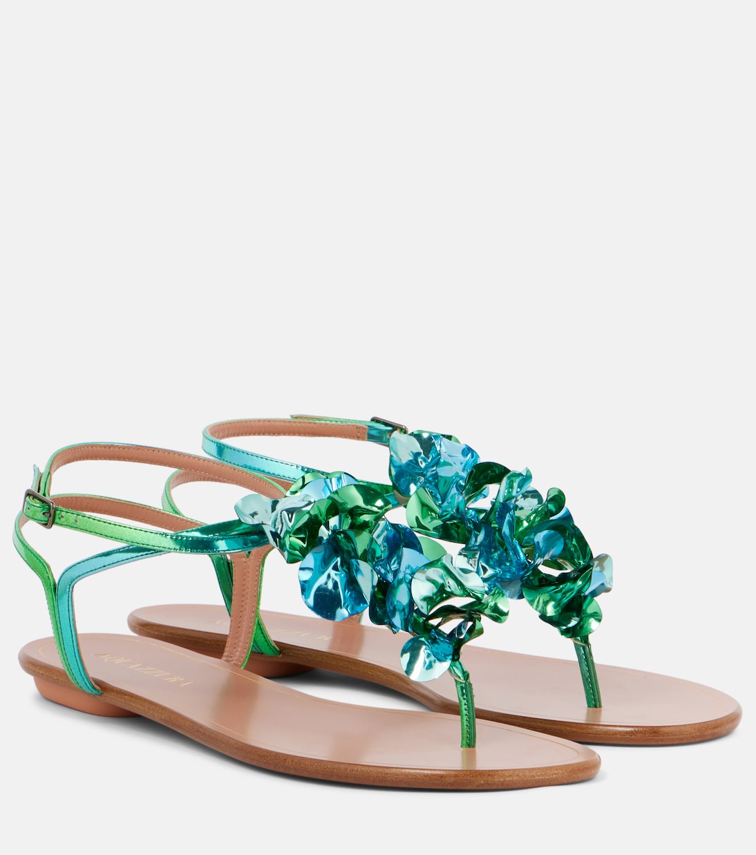 Сандалии Summer Sun из металлизированной кожи Aquazzura, Aqua Emerald