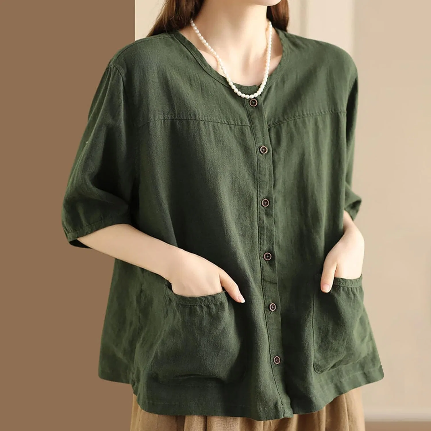 Блуза, длинный рукав, Cotton Linen Shirt, зеленый — фото 3