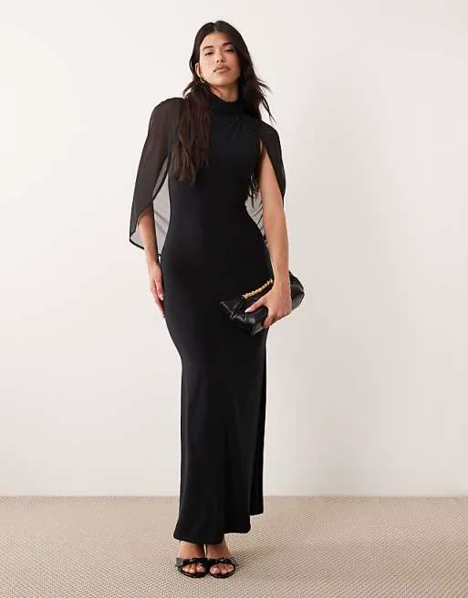 

Черное платье макси с мягкими рукавами и накидкой ASOS DESIGN