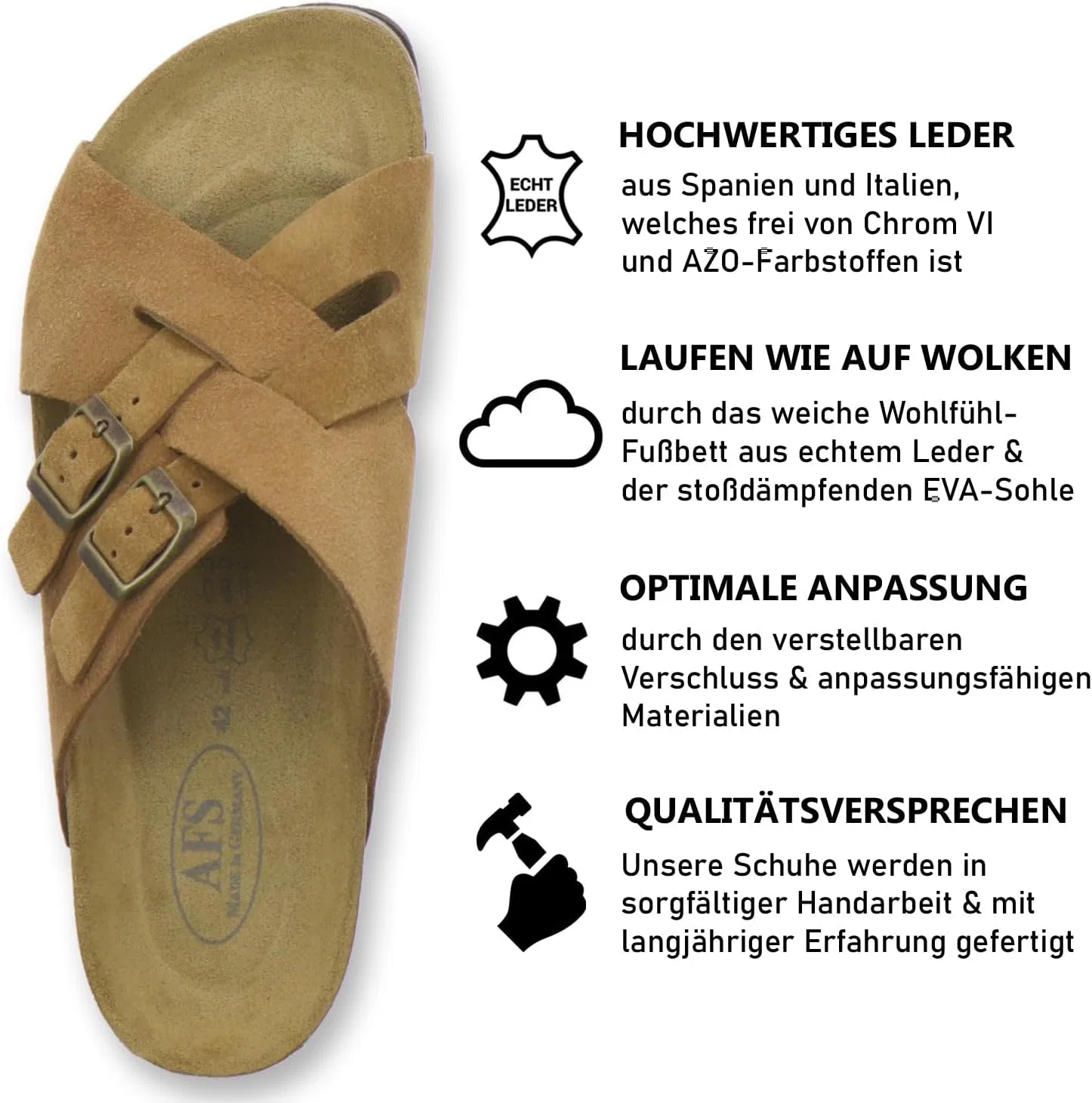 Мужские кожаные сандалии AFS-Schuhe 3142 со стелькой, домашние тапочки, рабочая обувь, производство Германия, Cognac — фото 2