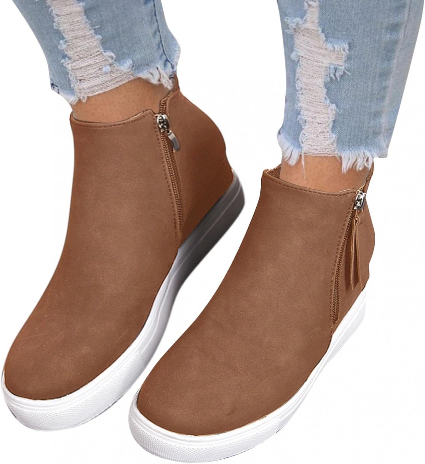 Женские платформенные ботинки Hbeylia Wedge, модные повседневные кожаные с округлым носком, на массивной подошве с высокими каблуками, ботильоны с боковой молнией, высокие модные кроссовки, короткие платьевые ботинки для рождественского декора,... — фото 2