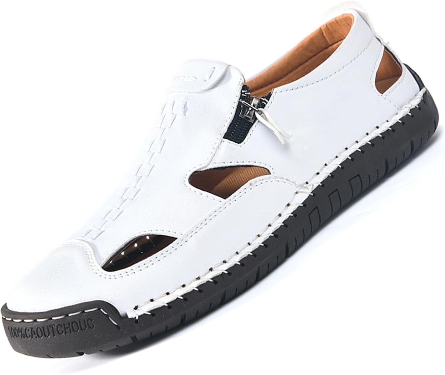 

Мужские закрытые сандалии-рыбаки из кожи с эластичной надевной конструкцией, Дышащие, удобные повседневные мокасины для лета, вождения на улице и прогулок, Боковая молния, ручная строчка Devileyeze, белый