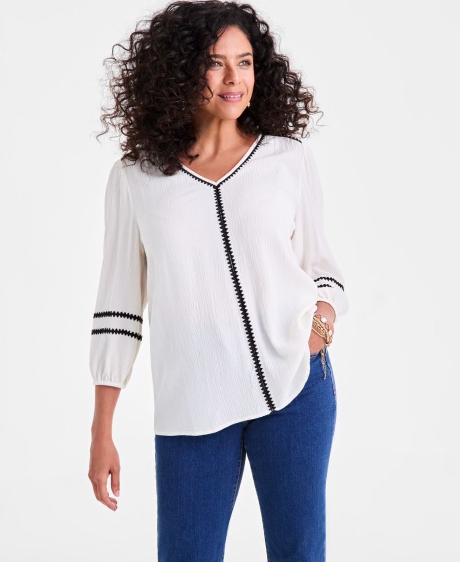 

Женская блузка с V-образным вырезом, контрастной отделкой и рукавами 3/4 Style & Co, Antique White